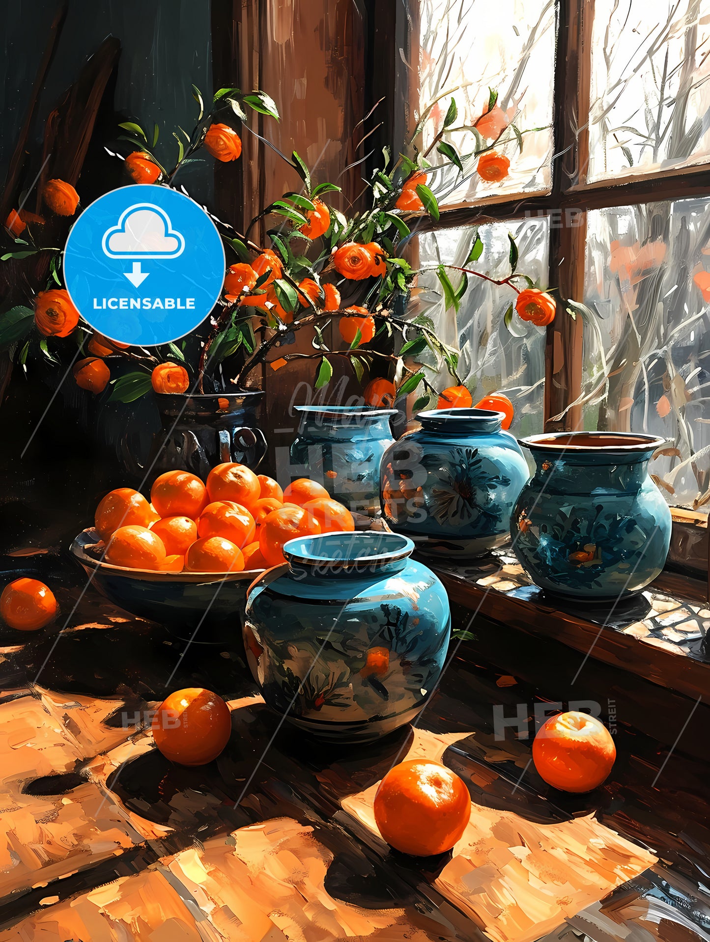 Impressionistic Still Life, A Vases And Oranges On A Window Sill