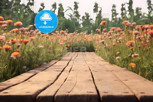 An Image Of An Empty Wooden Platform, A Wooden Walkway With Flowers