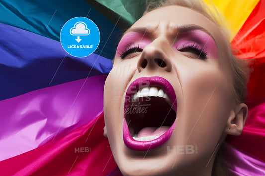 An Open Mouth With A Rainbow Flag, A Woman With Pink Makeup And Pink Lipstick Screaming