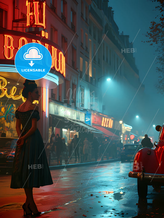 Une Lofi Girl Regardant, A Woman Standing On A Street In Front Of A Neon Sign