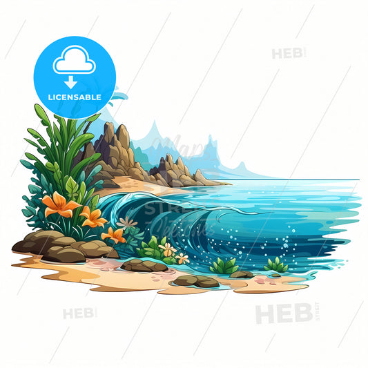 A Ocean View Illustration, A Cartoon Of A Beach With Waves And Flowers