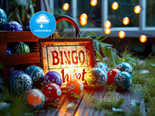 Bingo Night And Icons With Letters And Balls, A Sign With Balls And A Box With Numbers On It