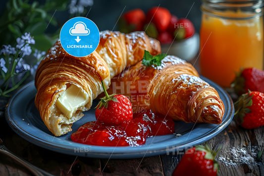 Fresh Croissant, A Plate Of Croissants And Strawberries