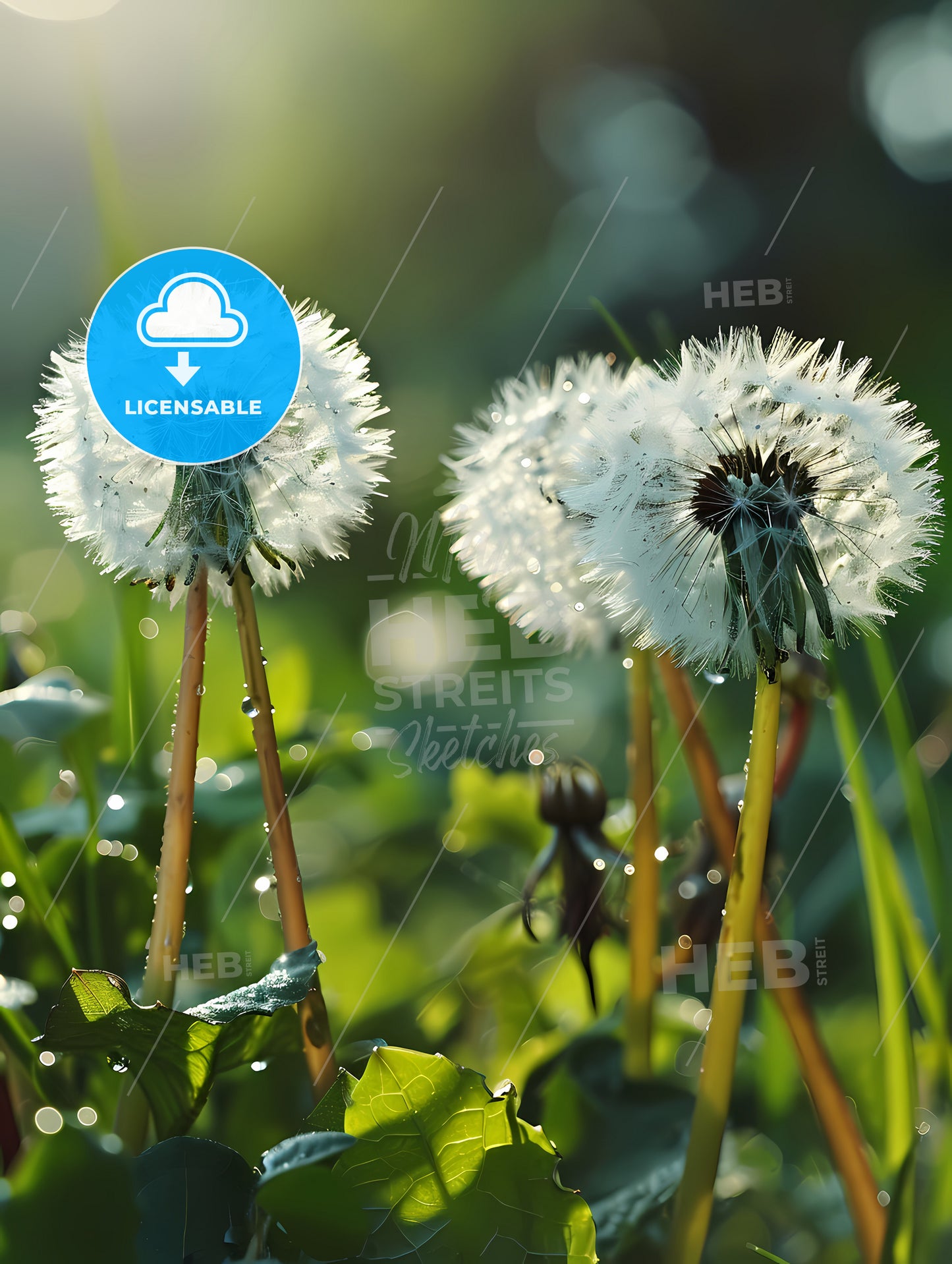 On A Light Green Background, A Close Up Of Dandelions