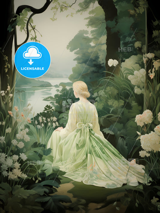 The Large Tapestry And Its Green Colors, A Woman In A Green Dress Sitting In A Forest