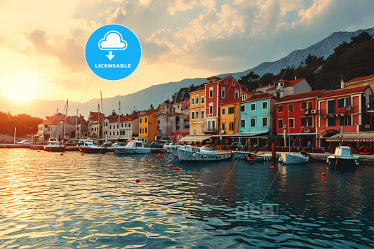 Pictorial Scene In Old Town Of Croatia, A Body Of Water With Boats And Buildings In The Background