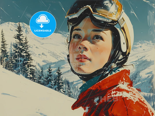 A Travel Poster With A Skier, A Woman Wearing A Helmet And Goggles