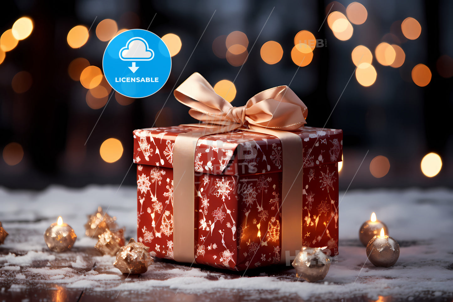 A Beautiful Red Christmas Present, A Gift Box With A Bow And Lights