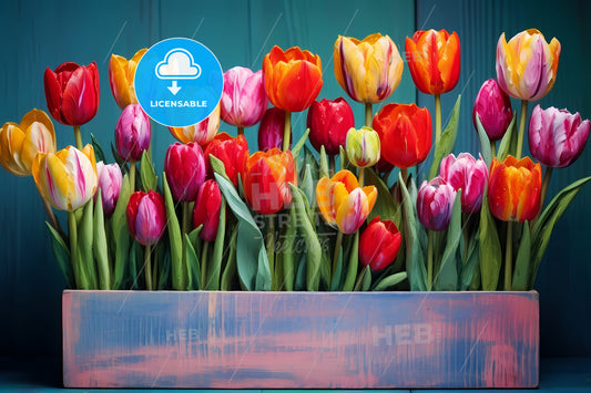 Colorful Tulips In A Wooden Box, A Group Of Colorful Tulips In A Blue Box