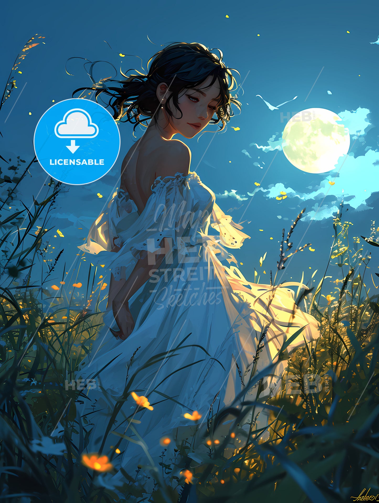 A Nocturne, A Woman In A White Dress In A Field Of Flowers