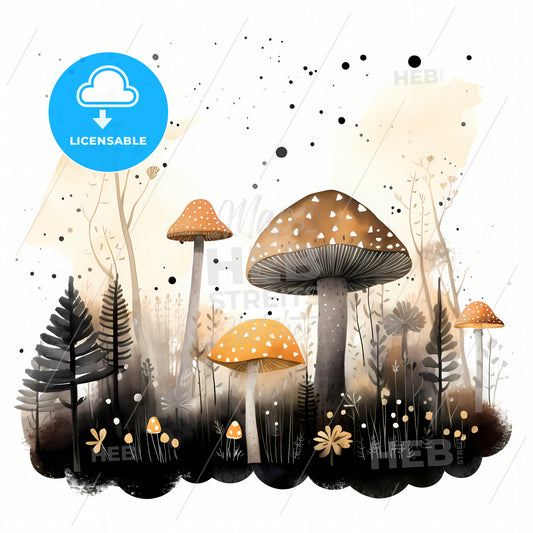 Magical Mushrooms And Fireflies, A Group Of Mushrooms And Plants