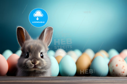 Funny Easter Rabbit With Copy Space, A Rabbit Next To A Group Of Eggs