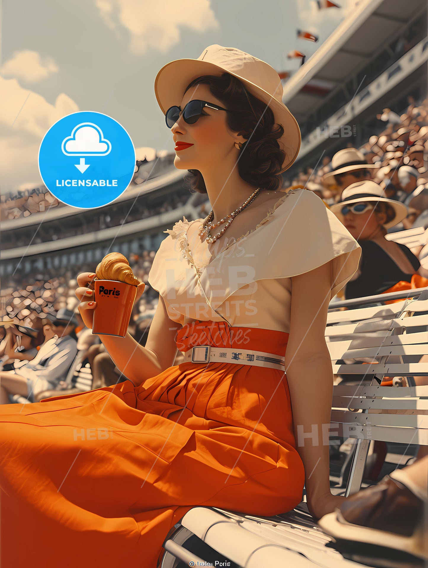Paris The French Olympic Games, A Woman In A Hat And Sunglasses Holding A Cup Of Food