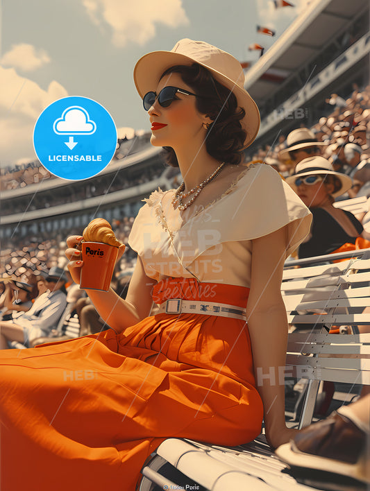 Paris The French Olympic Games, A Woman In A Hat And Sunglasses Holding A Cup Of Food