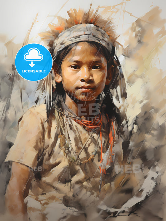 Indigenous Child Portrait Cinematic Light, A Child Wearing A Feather Headdress