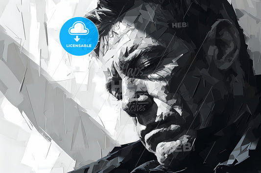 A Grayscale Illustration Of A Sad Man, A Man With His Eyes Closed