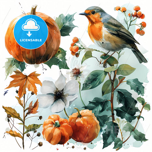 Thanksgiving Dinner Digital Embellishments, A Bird On A Branch With Pumpkins And Flowers
