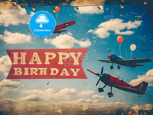 Happy Birthday Card With Airplanes, A Group Of Airplanes In The Air With Balloons