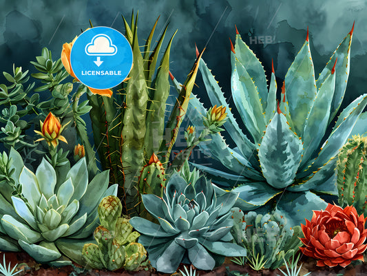 A Watercolor Desert Pattern Of Cactus Plants, A Group Of Colorful Succulents