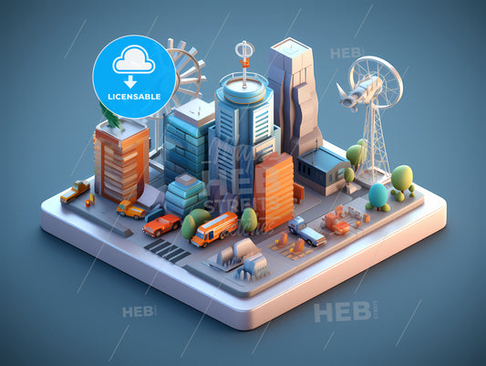Business Models Icon In 3D Style, A Low Poly City With Cars And Buildings