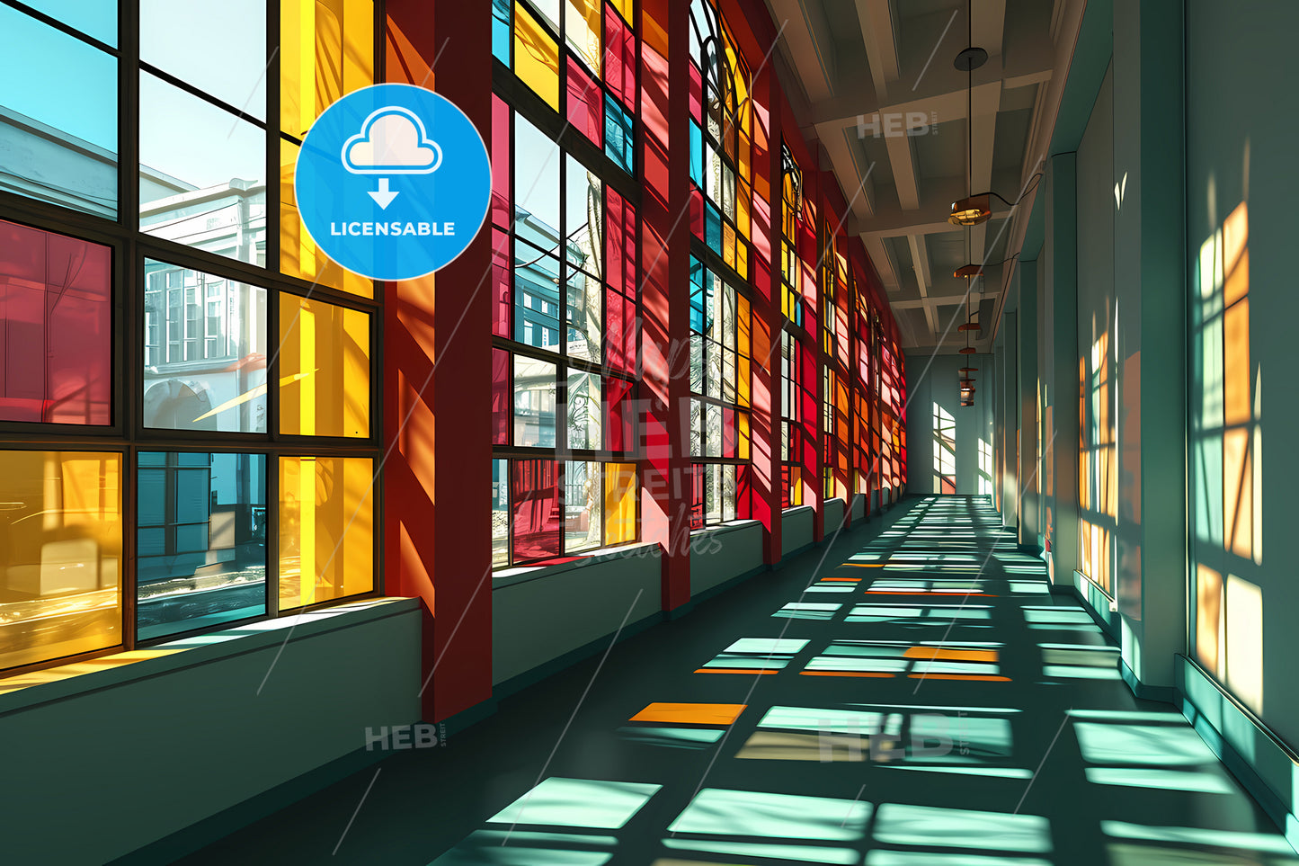 An Illustration Of A Geometric Grid, A Long Hallway With Colorful Windows