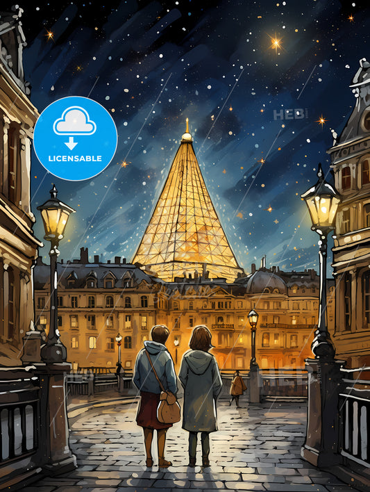 Adorable Christmas Illustration Card, A Couple Of People Walking In A Courtyard With A Large Pyramid In The Background
