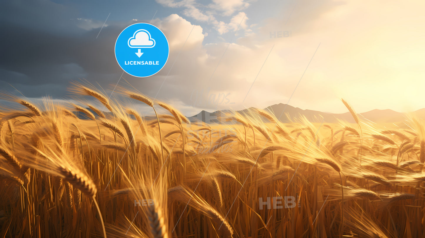 A Golden Wheat Field, A Field Of Wheat With Mountains In The Background
