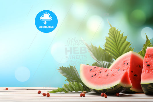 Summer Background, A Watermelon Cut In Half With Leaves And Seeds