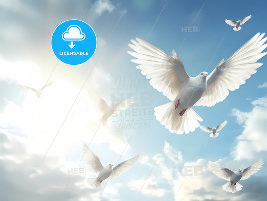A Flock Of White Doves Flying, A Group Of White Doves Flying In The Sky