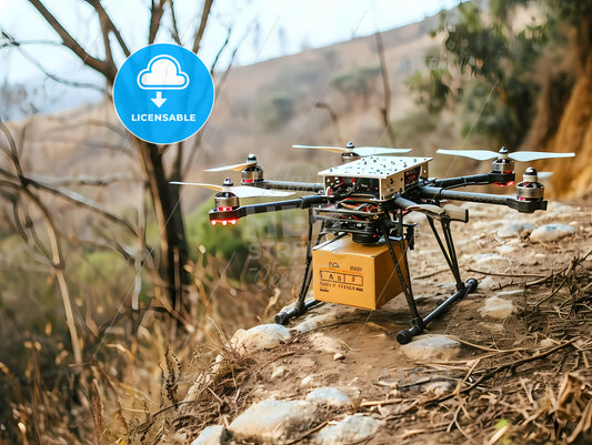 A Drone Carrying A Small Package, A Drone On A Rocky Hill