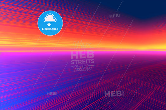 A Graphic Wallpaper With Blue And Orange Lines, A Sunset Over A Grid