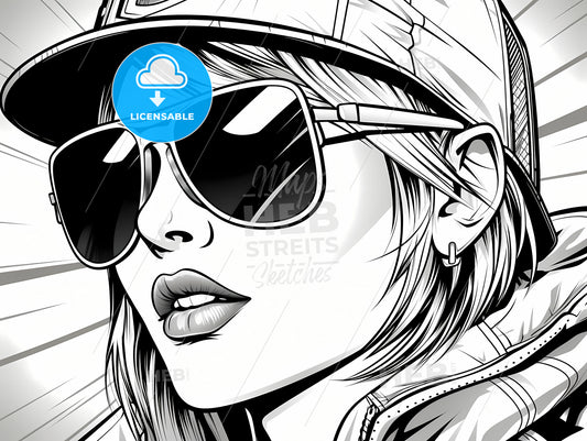 Black And White Coloring Book Page For Kids, A Woman Wearing Sunglasses And A Cap