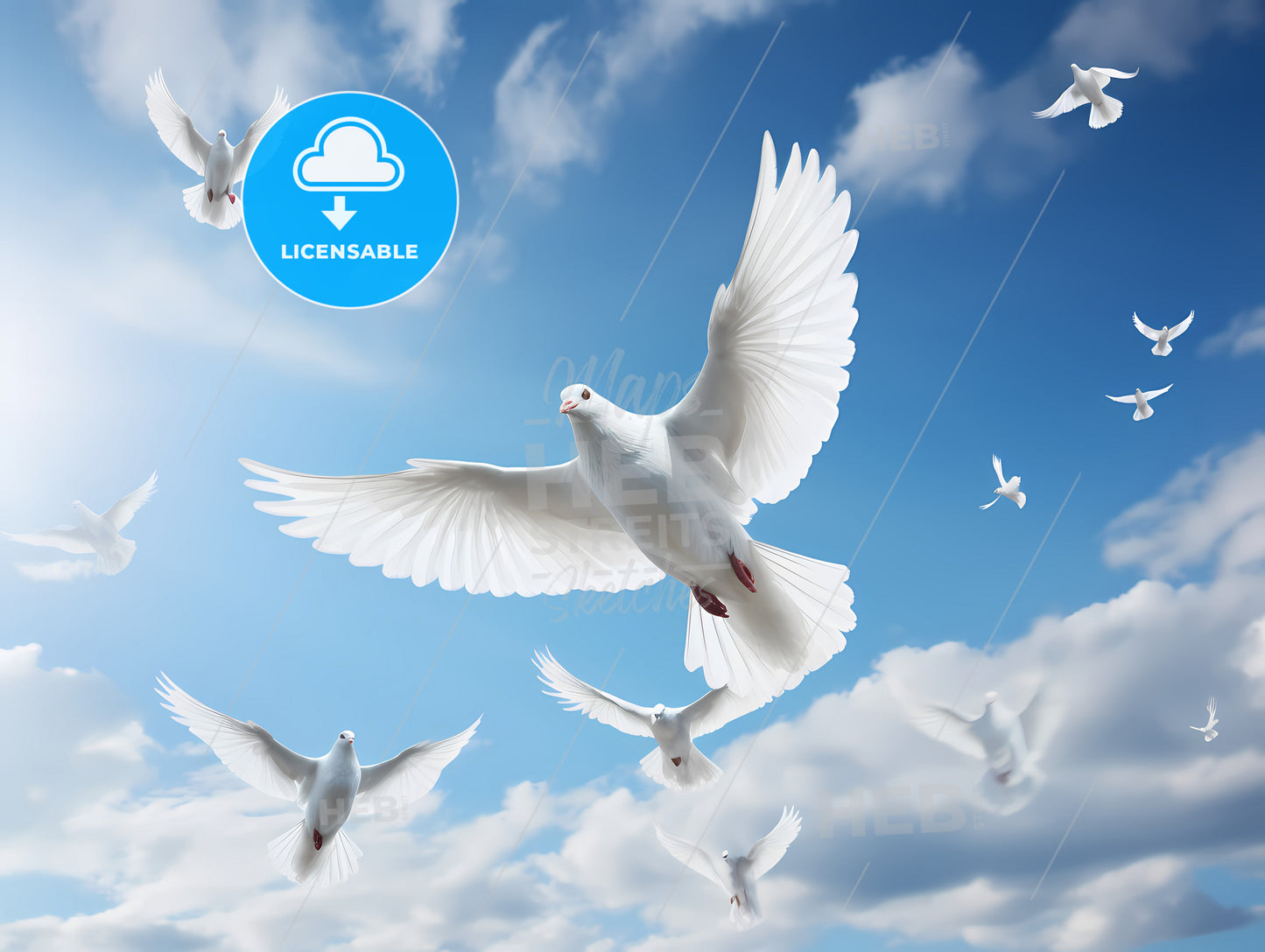 A Flock Of White Doves Flying, A Group Of White Birds In The Sky