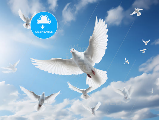 A Flock Of White Doves Flying, A Group Of White Birds In The Sky