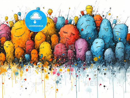 Alot Of Grafity On A White Background, A Group Of Colorful Cartoon Characters