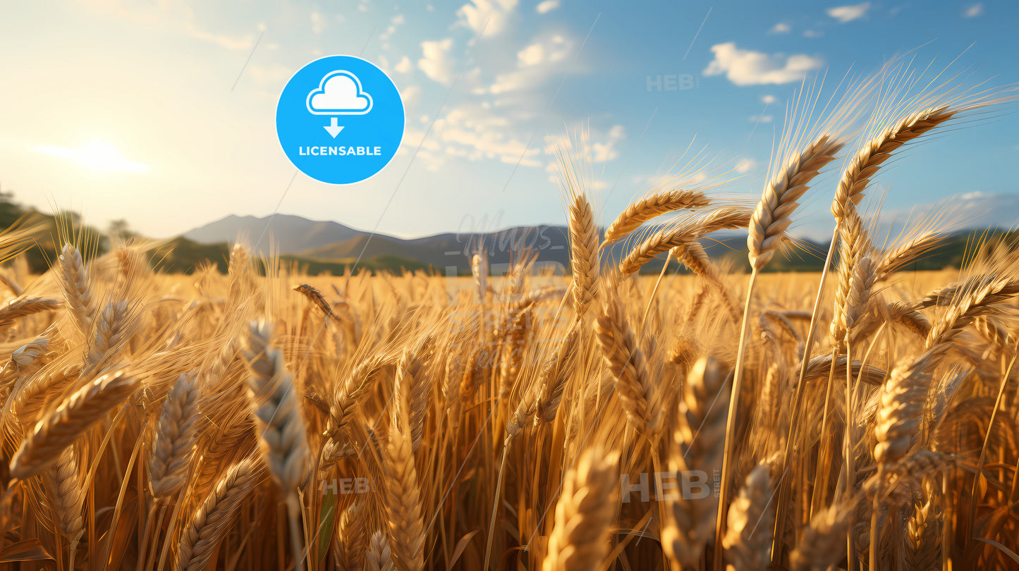 A Golden Wheat Field, A Field Of Wheat With Mountains In The Background