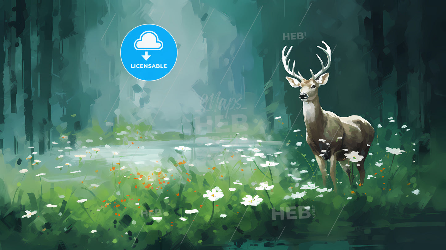Abstract In Image Of Green, A Deer In A Field Of Flowers