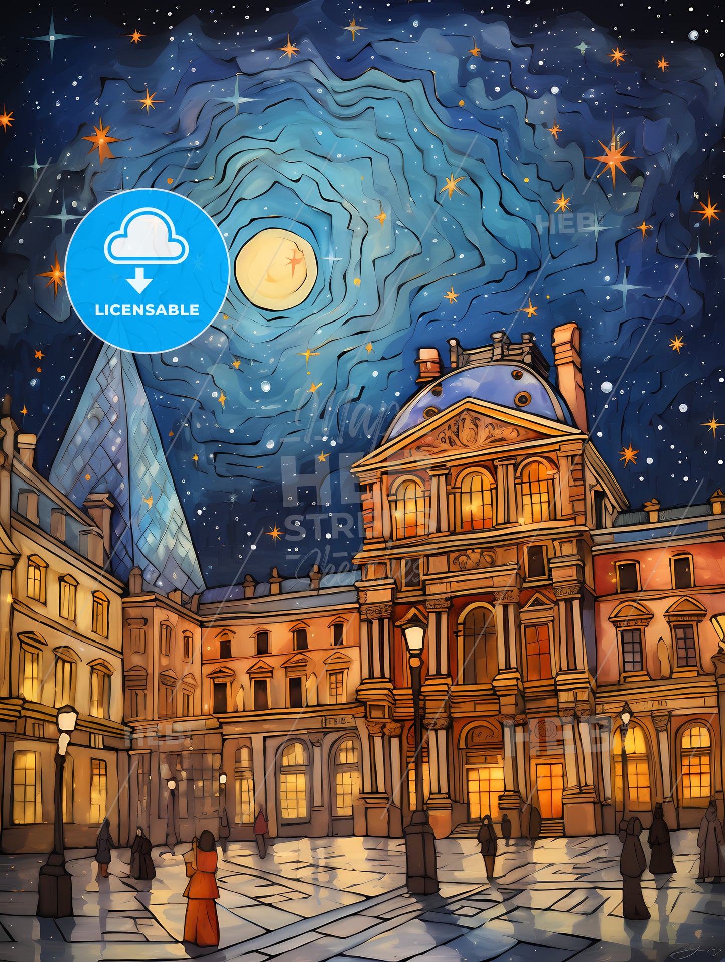 Adorable Christmas Illustration Card, A Building With A Pyramid Shaped Building And A Moon In The Sky