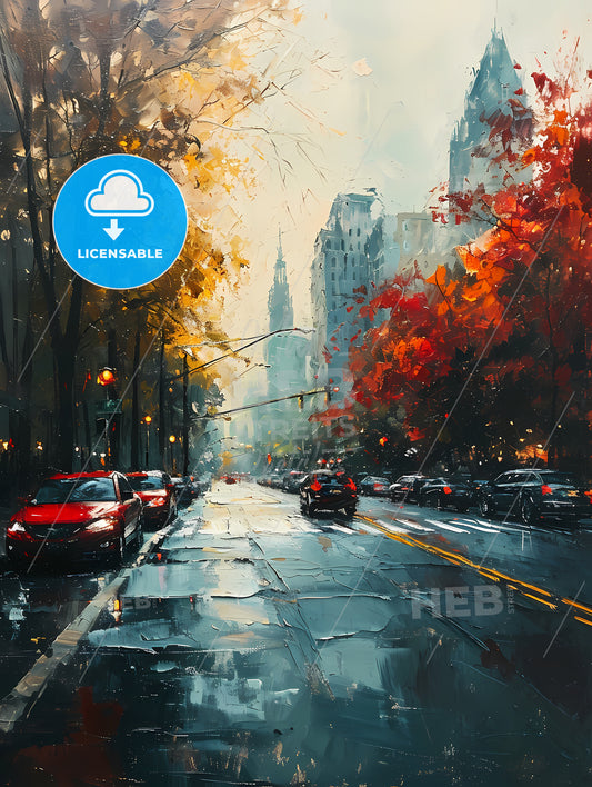 Atlanta Georgia Art Sketch With Colorful Background, A Street With Cars And Trees In The Background