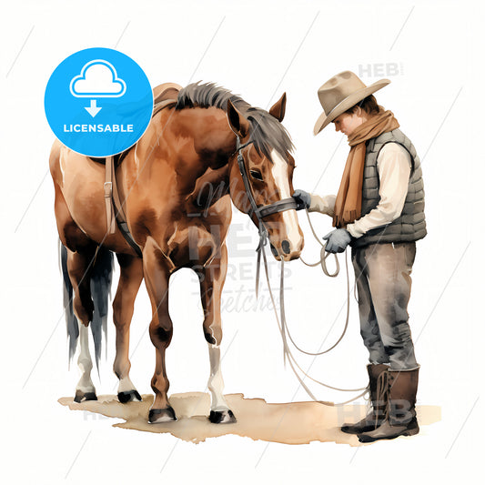 Closeup Of Cowboy Saddling A Horse, A Man In Cowboy Hat And Boots Holding A Horse