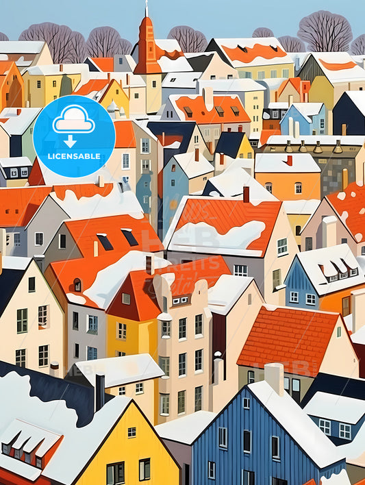 Snowy German Small Town Roofs, A Group Of Houses Covered In Snow