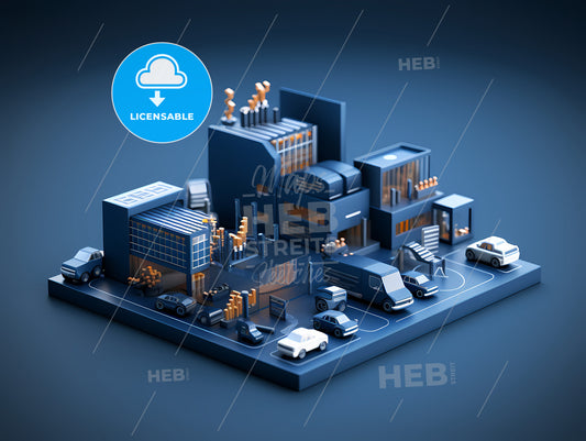Business Models Icon In 3D Style, A Model Of A Building With Cars And Buildings