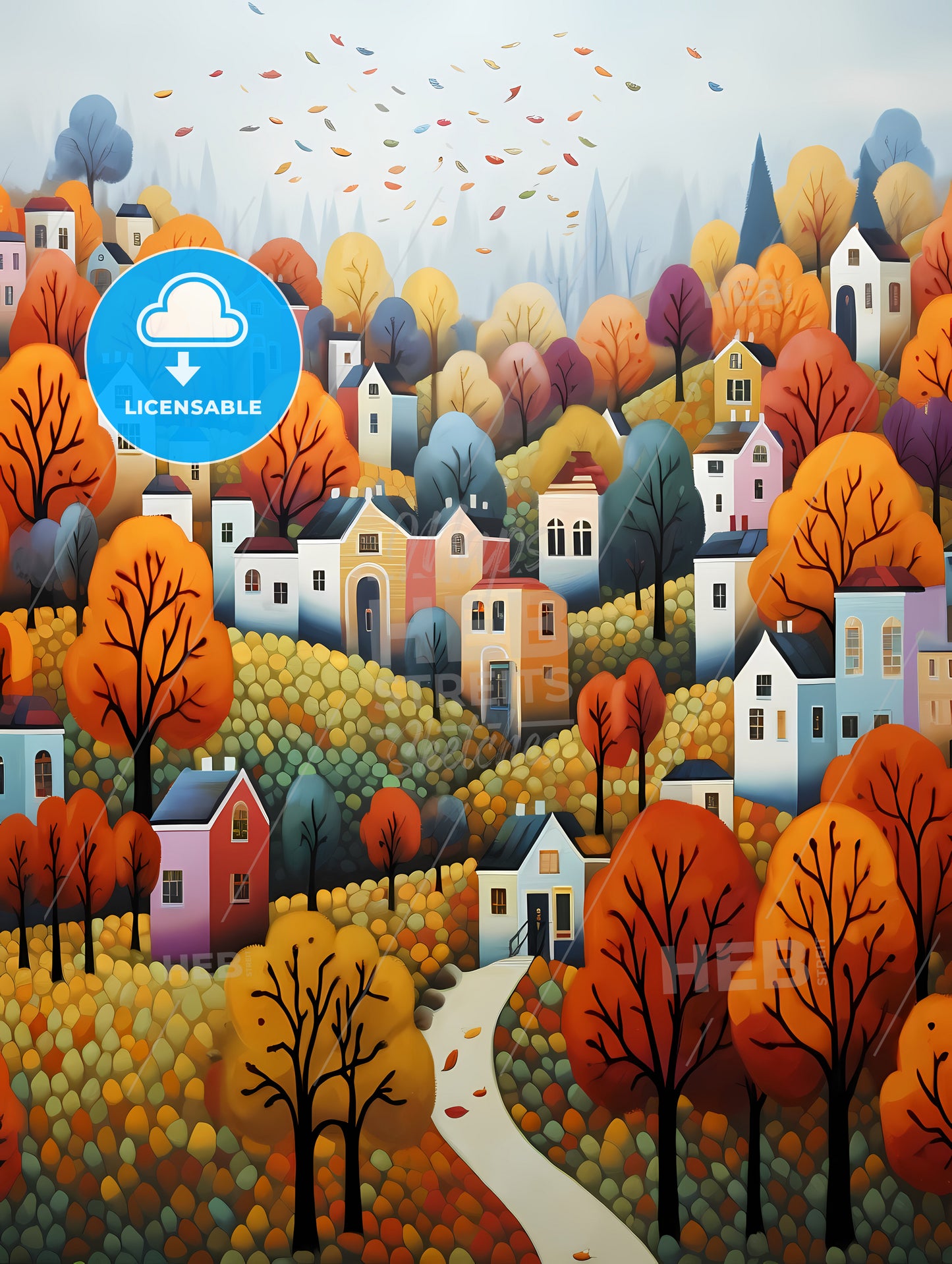 Autumn Landscape, A Painting Of A Town With Colorful Trees And A Path