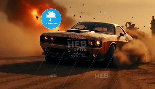 Post-Apocalyptic Muscle Car, A Car Driving On A Dirt Road