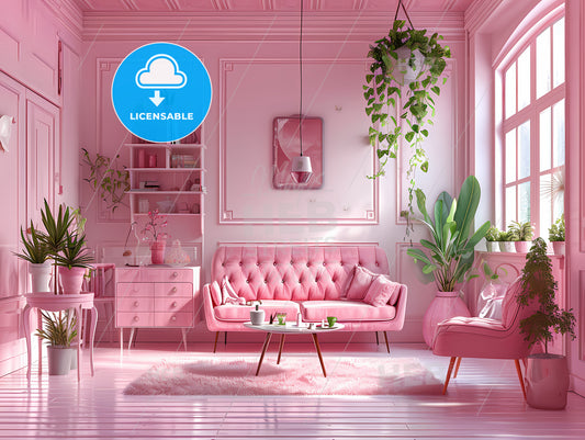Modern Website E-Commerce Furniture, A Pink Living Room With A Couch And A Table