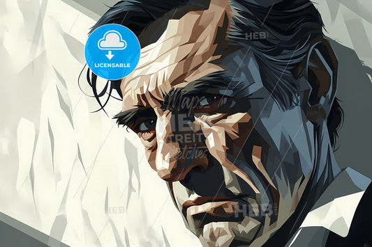 A Grayscale Illustration Of A Sad Man, A Man Looking At The Camera