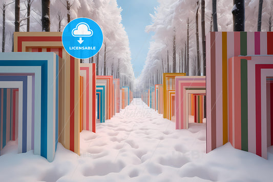 Optical Illusion Photo, A Snow Covered Path With Colorful Rectangular Objects
