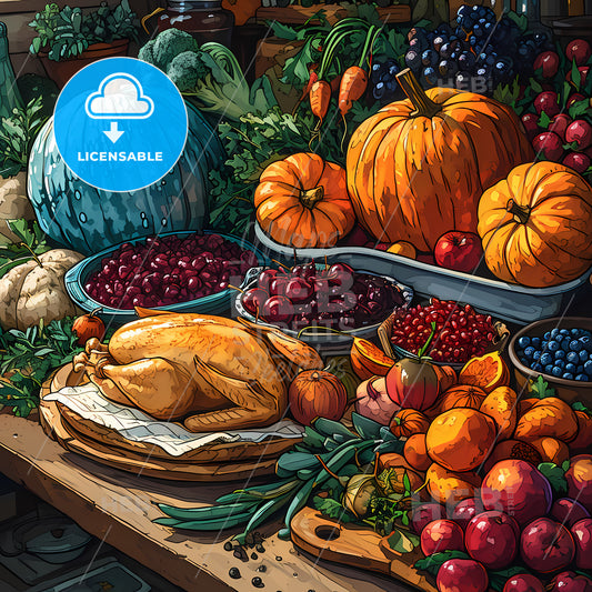 Thanksgiving Dinner Digital Embellishments, A Table Full Of Fruits And Vegetables