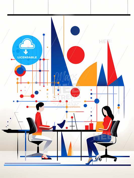 Minimalist Office Art, A Man And Woman Sitting At A Table With Laptops