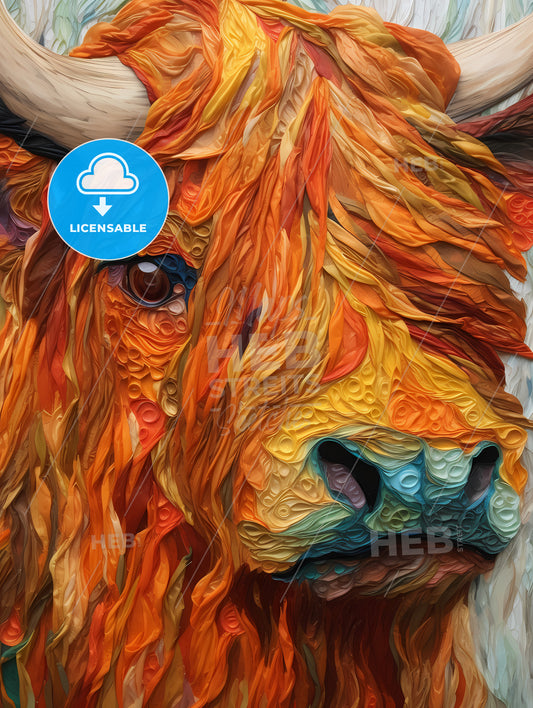 Embroidery Impasto Painting Highland Cow, A Close Up Of A Cow's Face
